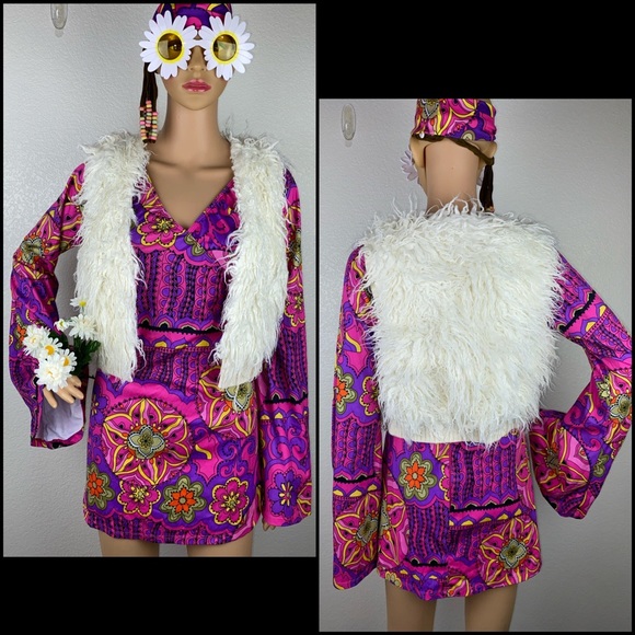 Groovy Hippy Go-Go Psychedelic Neon Mini Dress Costume - Picture 3 of 14